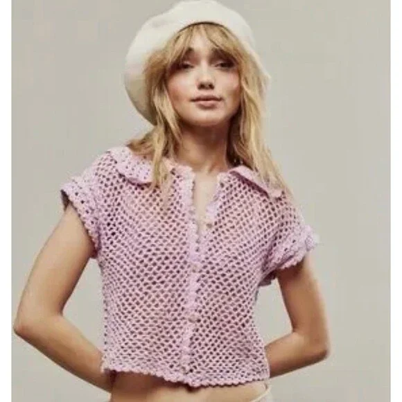 Free People Crochet Top Women Lily Lilac Collared Preppy Boho Retro Small NWT - Picture 3 of 11